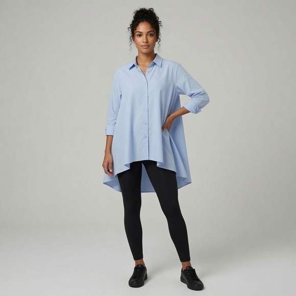 Tuba Butik Tops - Tuba Butik Light Blue Asymmetric Cotton Poplin Button Down Tunic Shirt M/L NEW